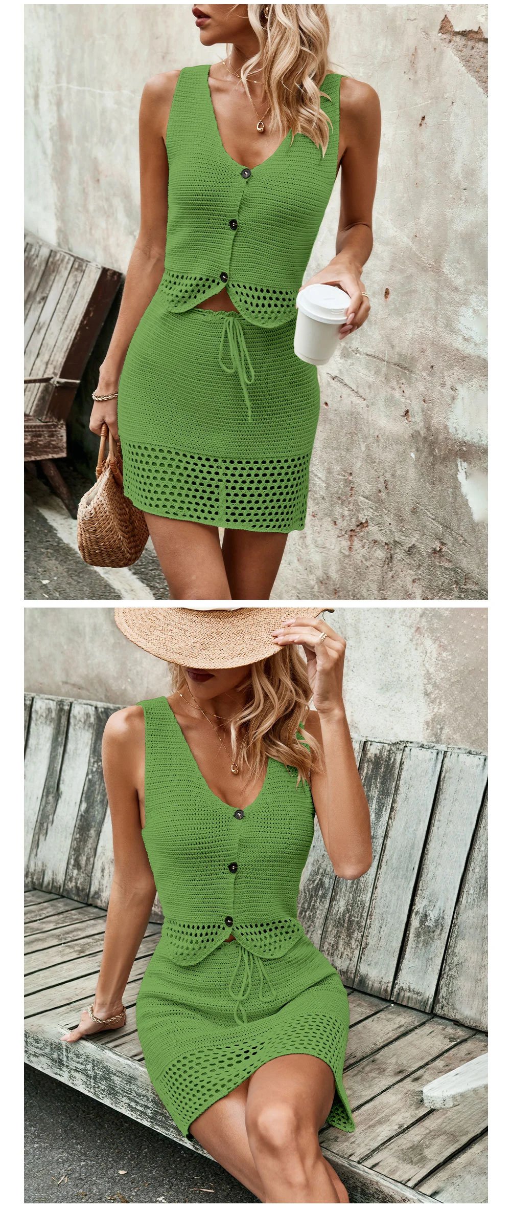 Design Crochet Knit Two-Piece Set Black - 12