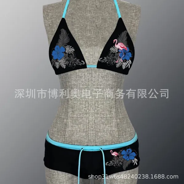 Design Flamingo Hibiscus Print Black Turquoise Trim Triangle Bikini Set Swimwear - 1