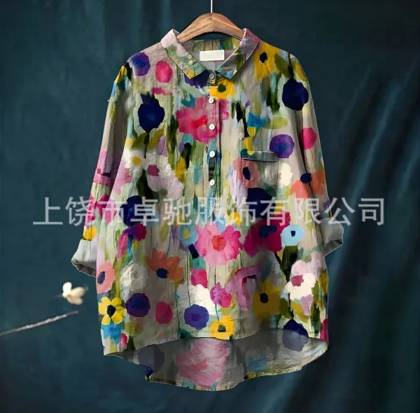 Design Floral Print Button-Up Shirt Multicolor Tops Shirt - 1
