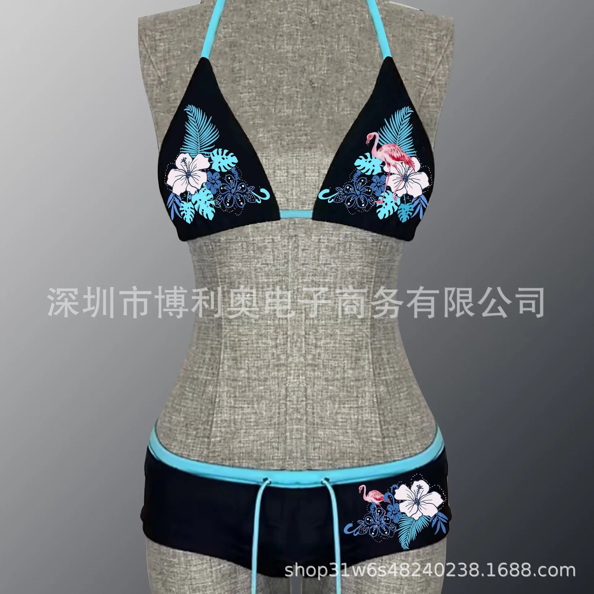 Design Tropical Flamingo Print Triangle Bikini Set Turquoise Swimwear - 4