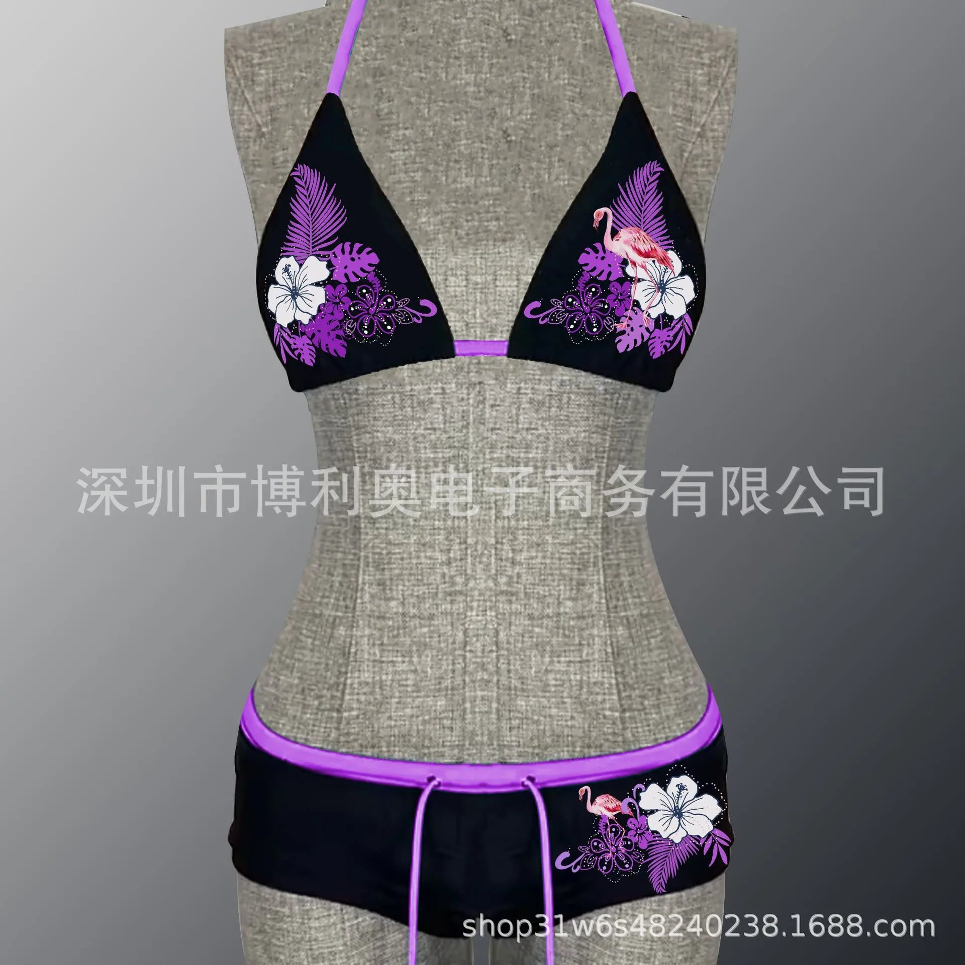Design Tropical Flamingo Print Triangle Bikini Set Turquoise Swimwear - 8