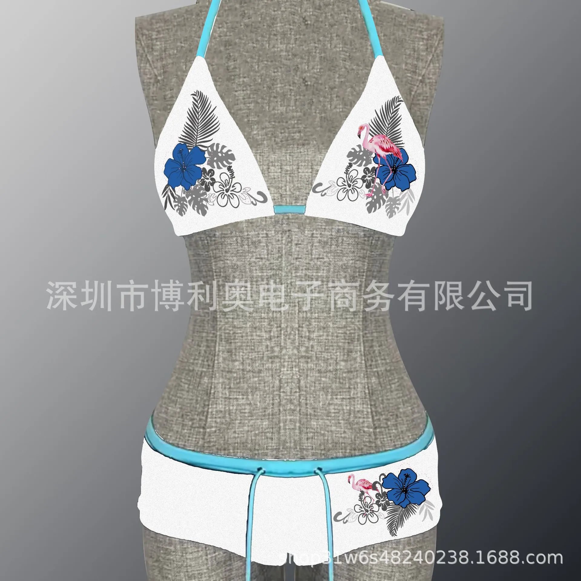 Design Tropical Flamingo Print Triangle Bikini Set Turquoise Swimwear - 11