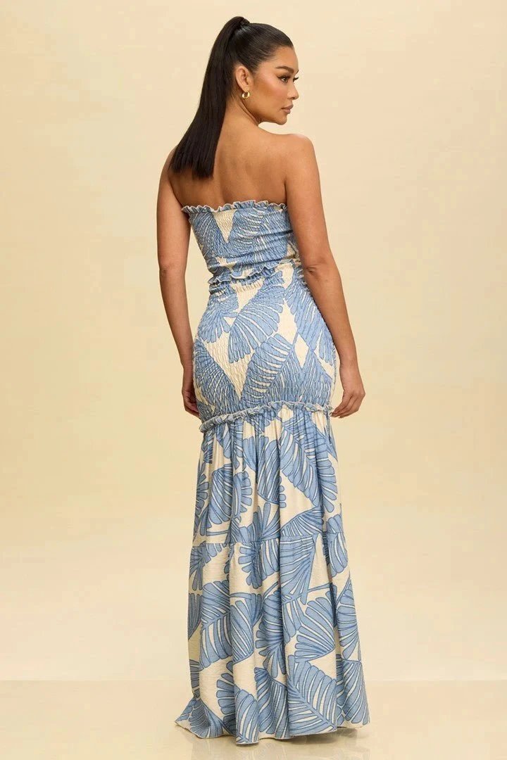 Design Striped Ruched Bustier Maxi Skirt Set Blue and White - 10