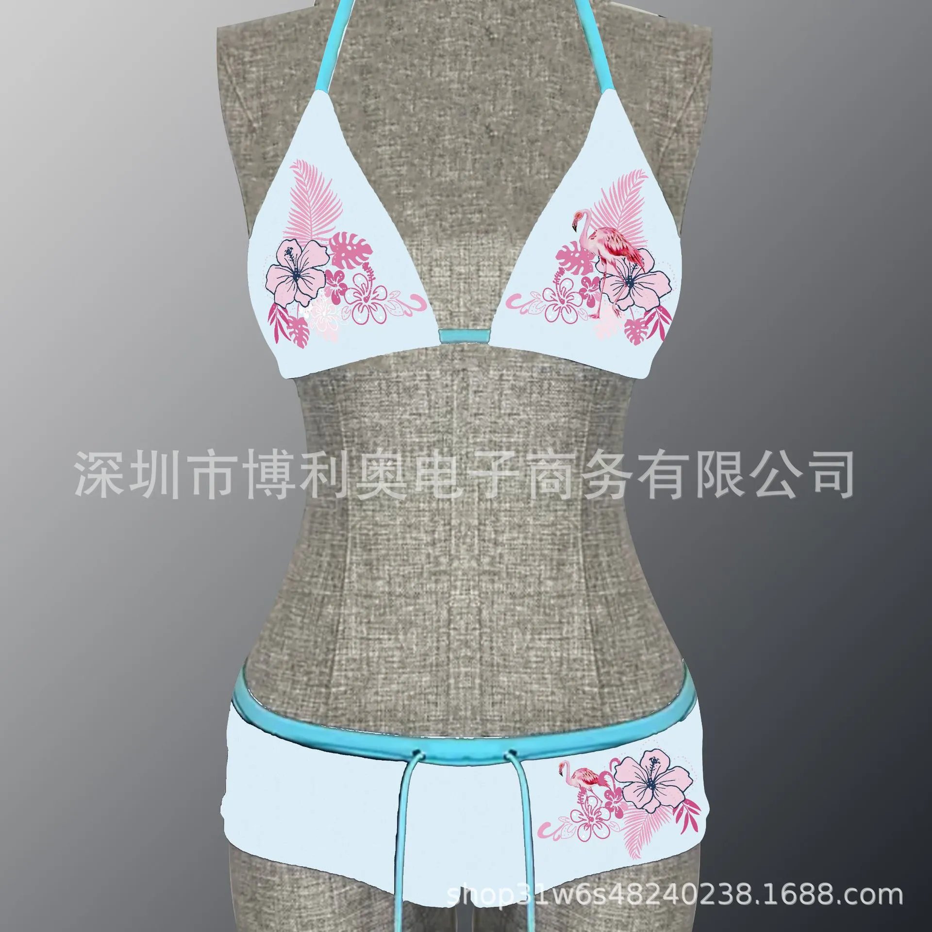 Design Tropical Flamingo Print Triangle Bikini Set Turquoise Swimwear - 13