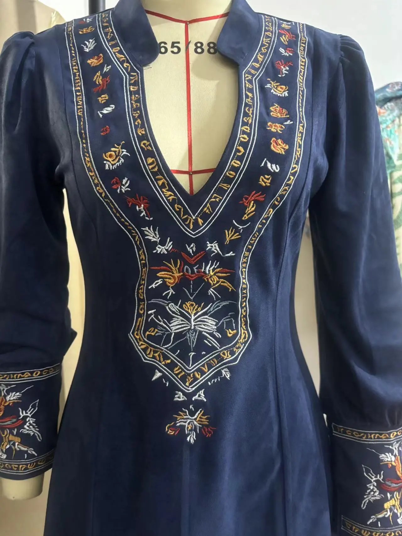 Design Embroidered Velvet Mini Dress Navy - 5