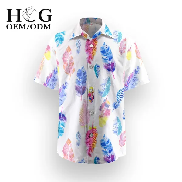 Design H&G Feather Print Short-Sleeve Button-Up Shirt White Shirt - 1