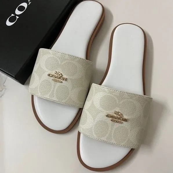 Coach Signature Slide Sandals Black with Gold Logo Slippers - 6