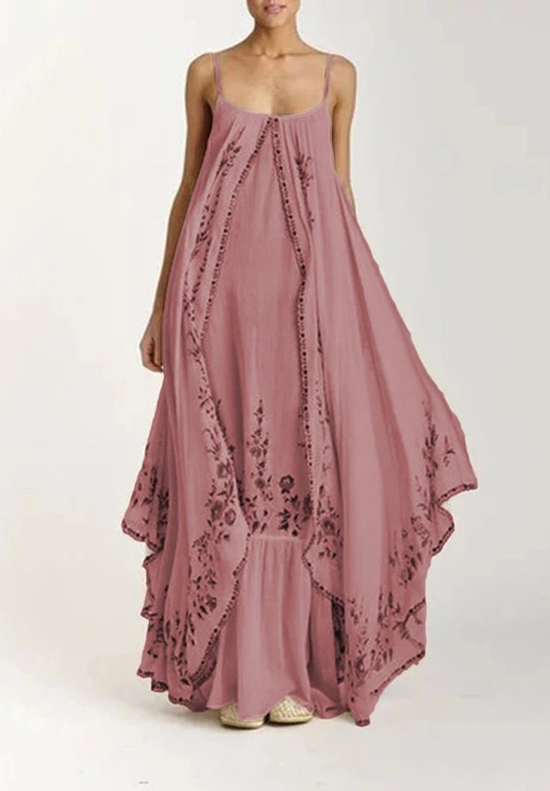 Design Floral Embroidered High-Low Maxi Dress Beige - 5