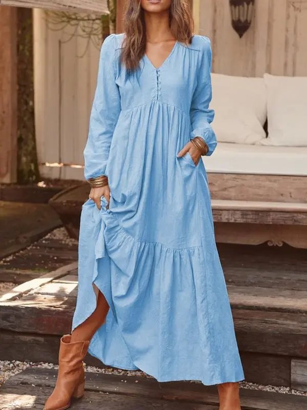 Design Long Sleeve V-Neck Tiered Maxi Dress Black - 6