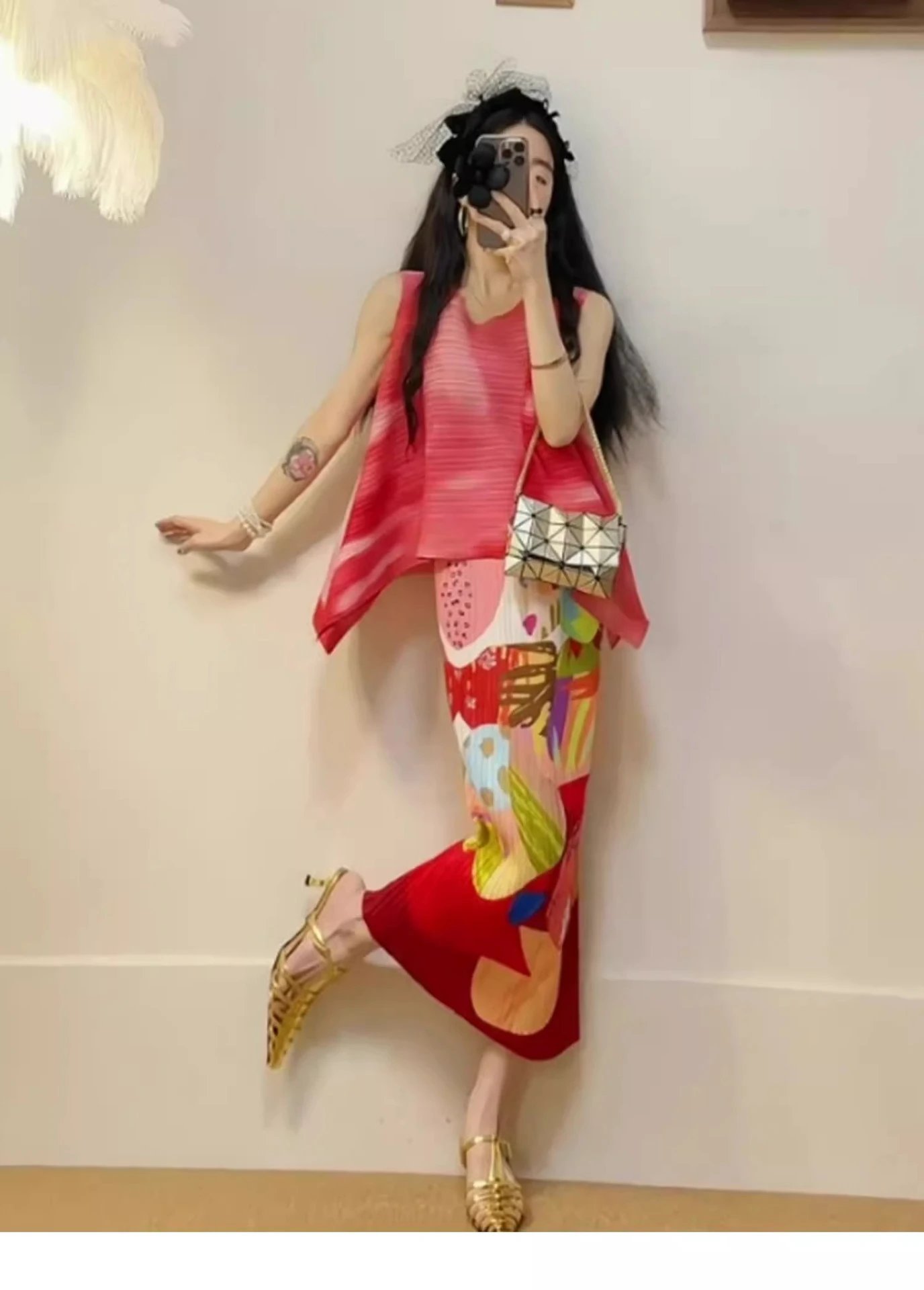 Issey Miyake Pleated Colorful Abstract Print Skirt Set Orange Multicolor Dress - 7