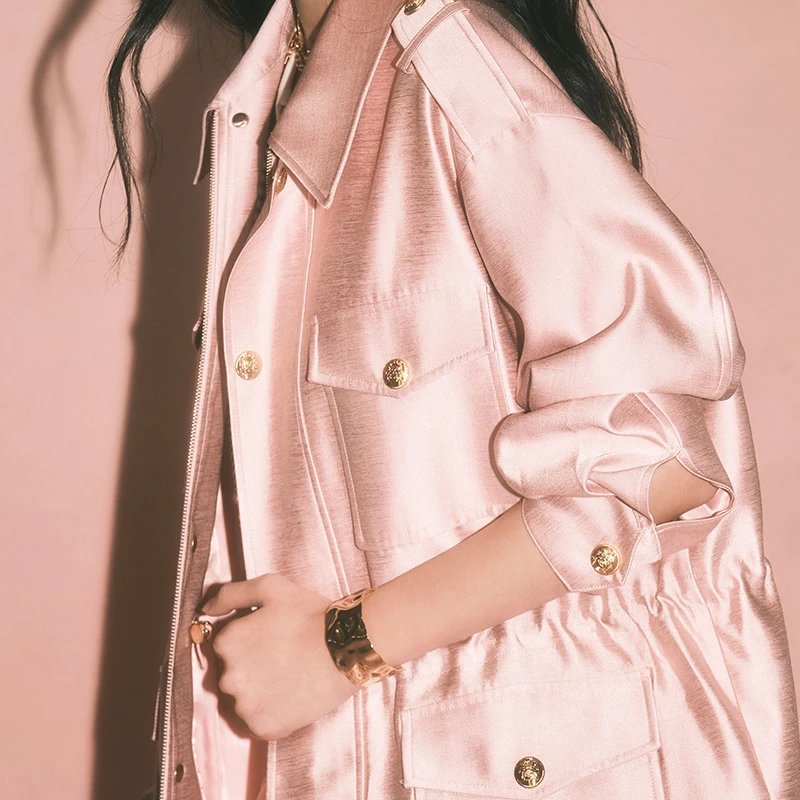 Design Pink Satin Utility Jacket with Drawstring Waist Outerwear.jacket - 7