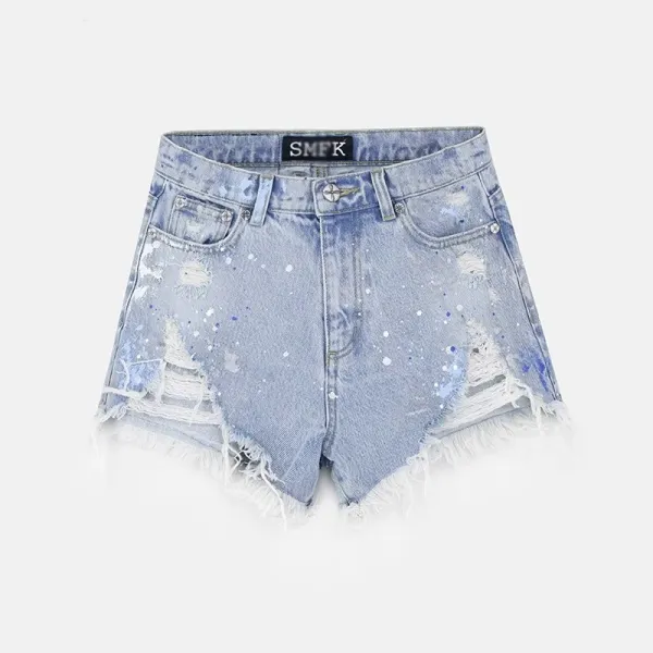 Design Embroidered Fleur-de-Lis Denim Shorts with Frayed Hem and Paint Splatter Detail - 8