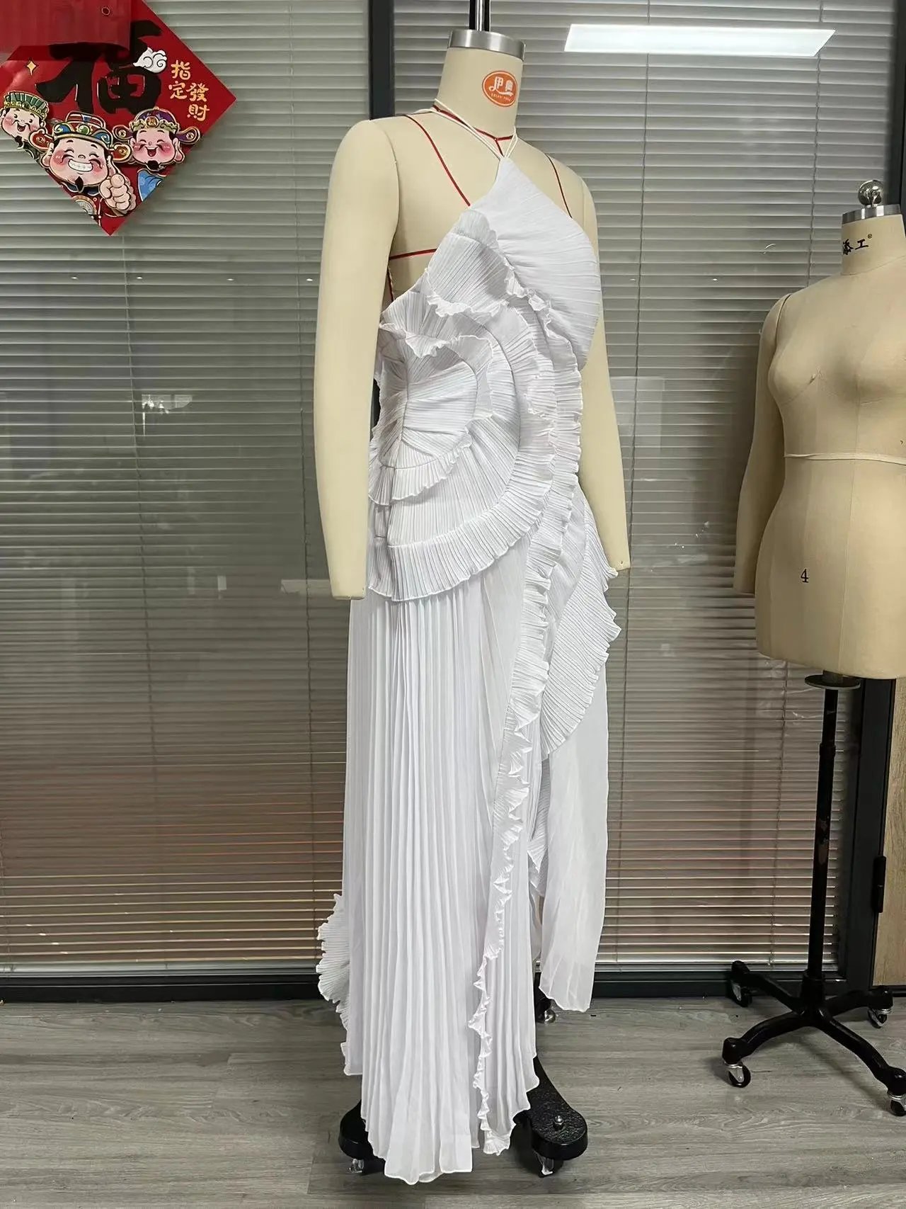 Design Pleated Asymmetrical Halter Dress Pink - 14