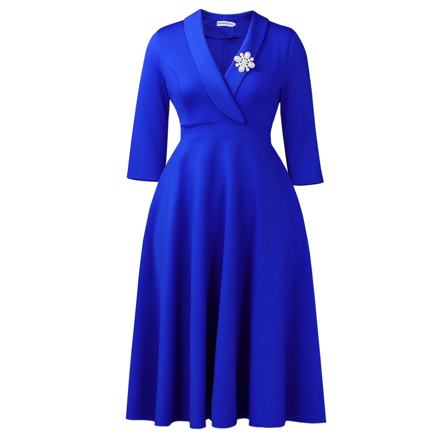 Design Wrap Front Midi Dress with Pearl Brooch in Navy - 69