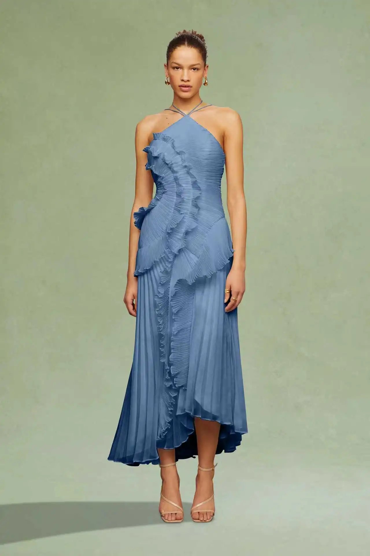 Design Pleated Asymmetrical Halter Dress Pink - 33