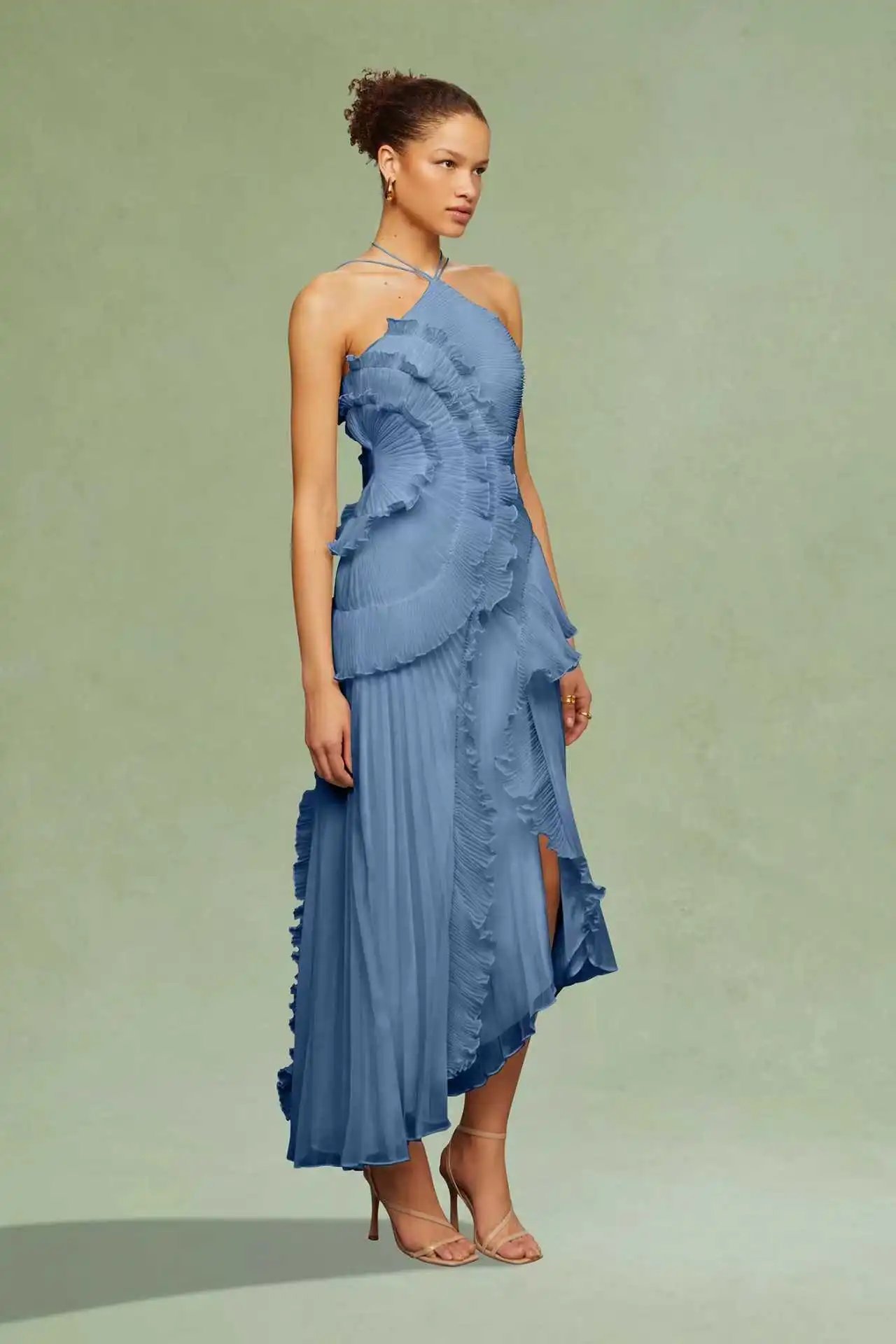Design Pleated Asymmetrical Halter Dress Pink - 34