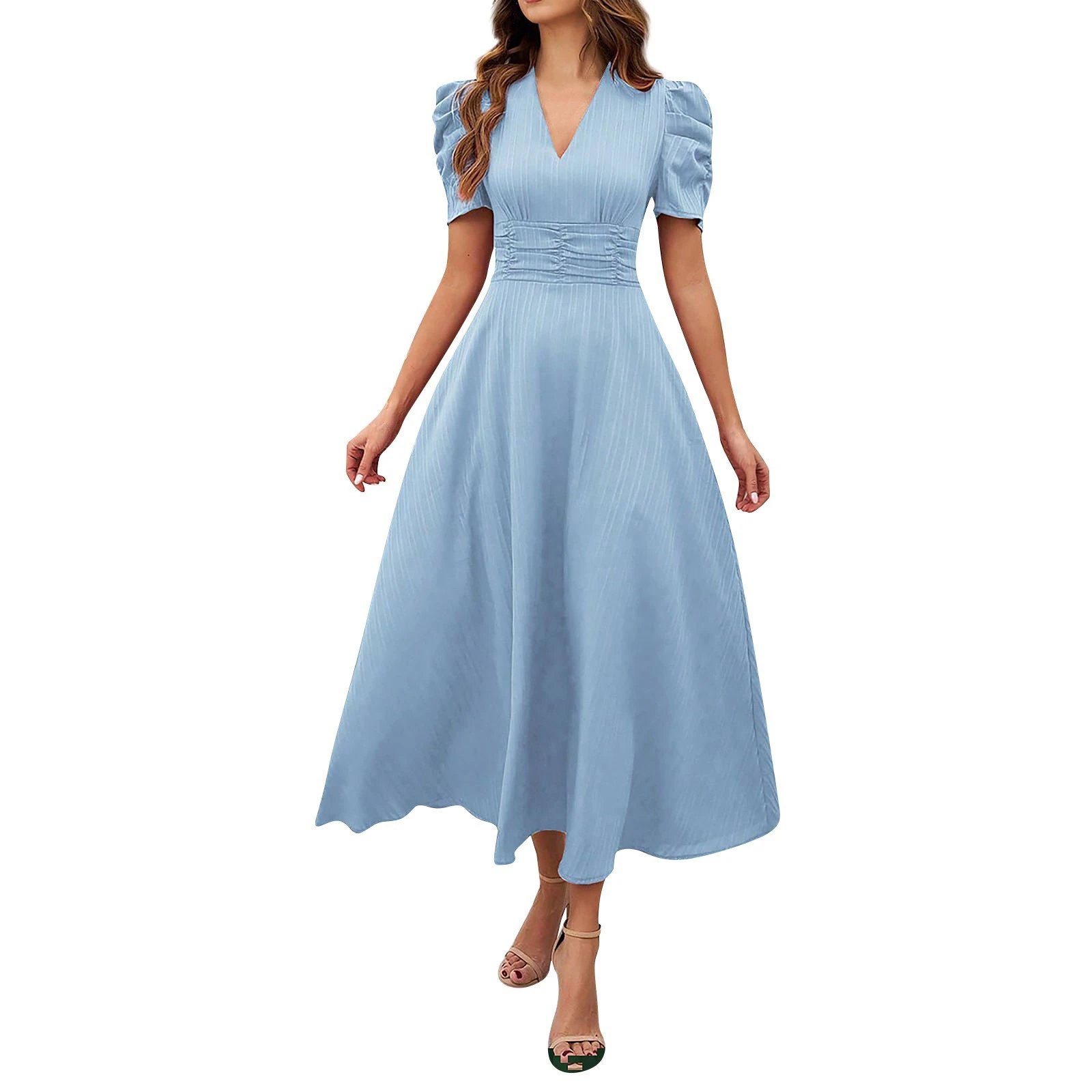 Design A-Line V-Neck Puff Sleeve Midi Dress in Light Blue - 7