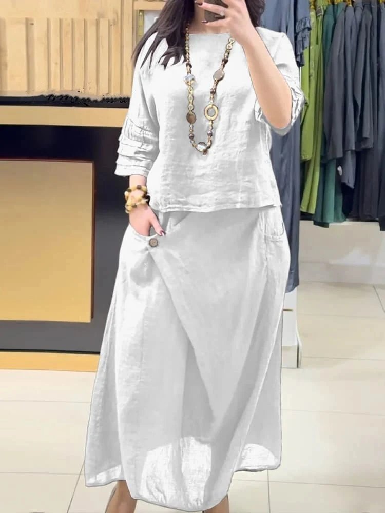 Design Black Textured Linen Set: Cropped Top with Ruched Sleeves and Asymmetrical Wrap Skirt - 8