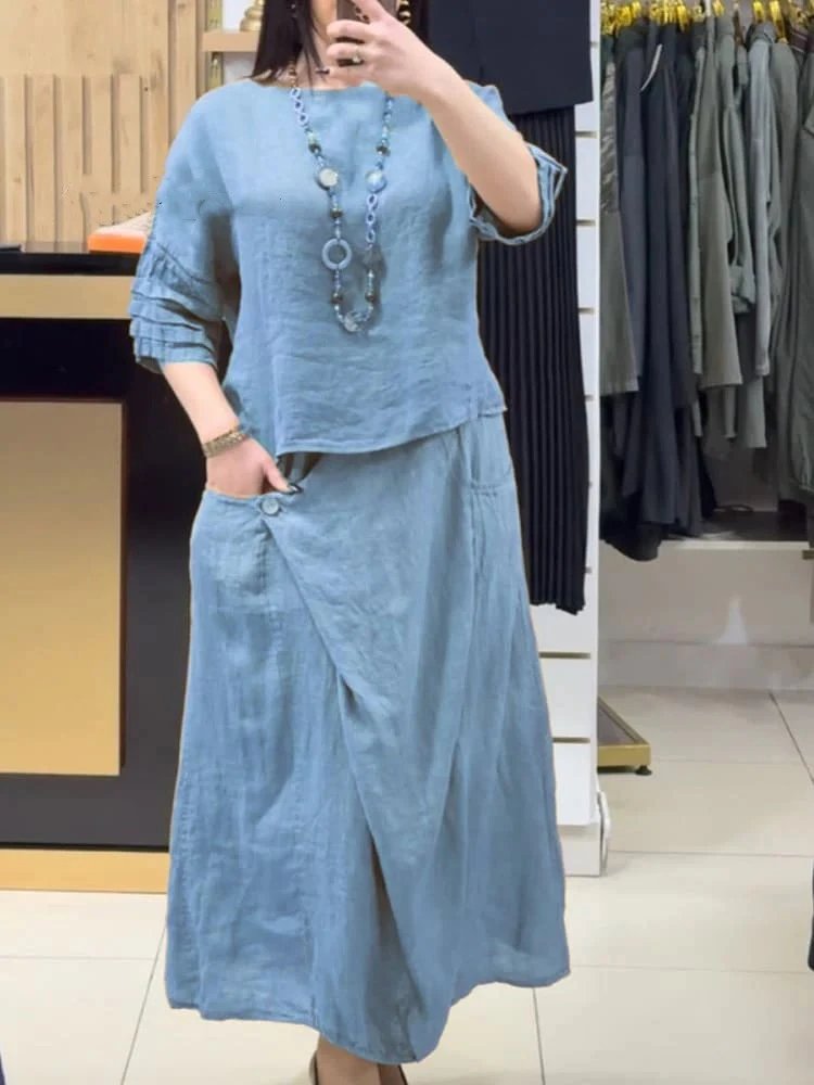 Design Black Textured Linen Set: Cropped Top with Ruched Sleeves and Asymmetrical Wrap Skirt - 5