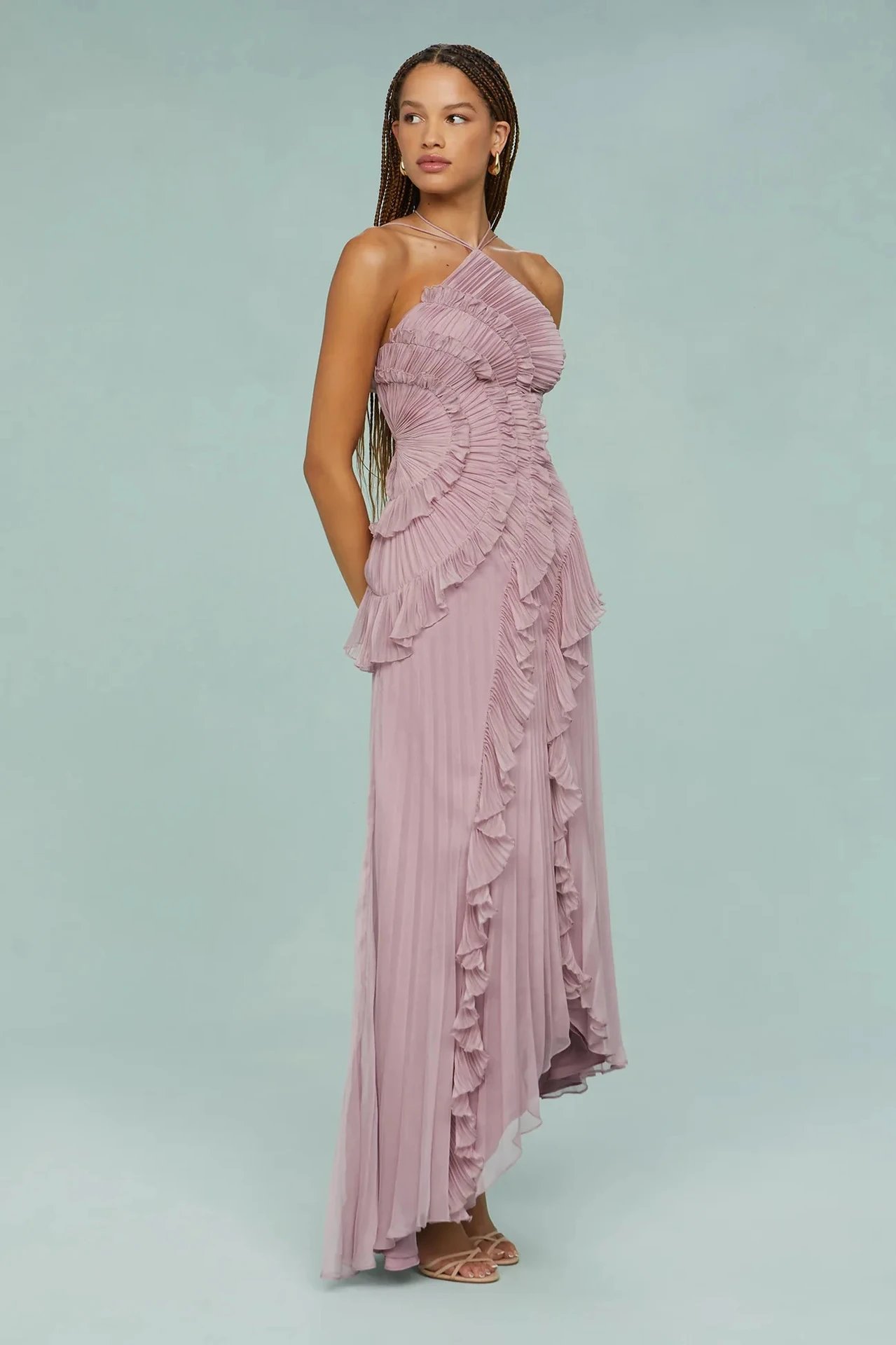 Design Pleated Asymmetrical Halter Dress Pink - 45