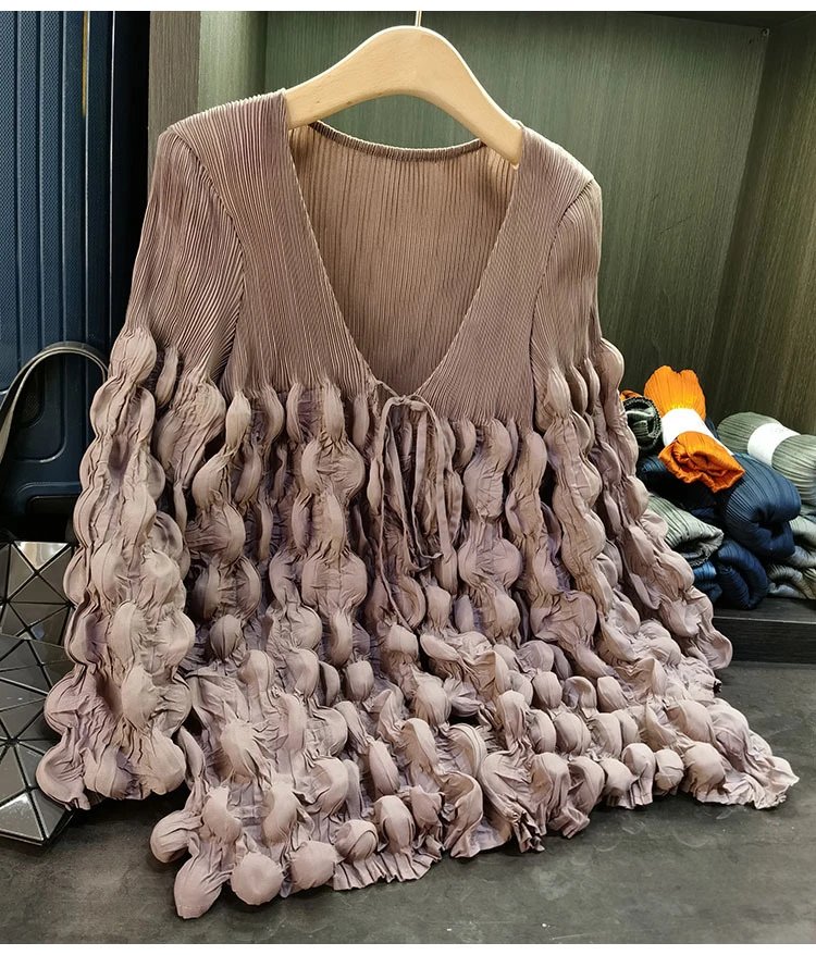 Design Pleated Ruched V-Neck Top Beige - 14