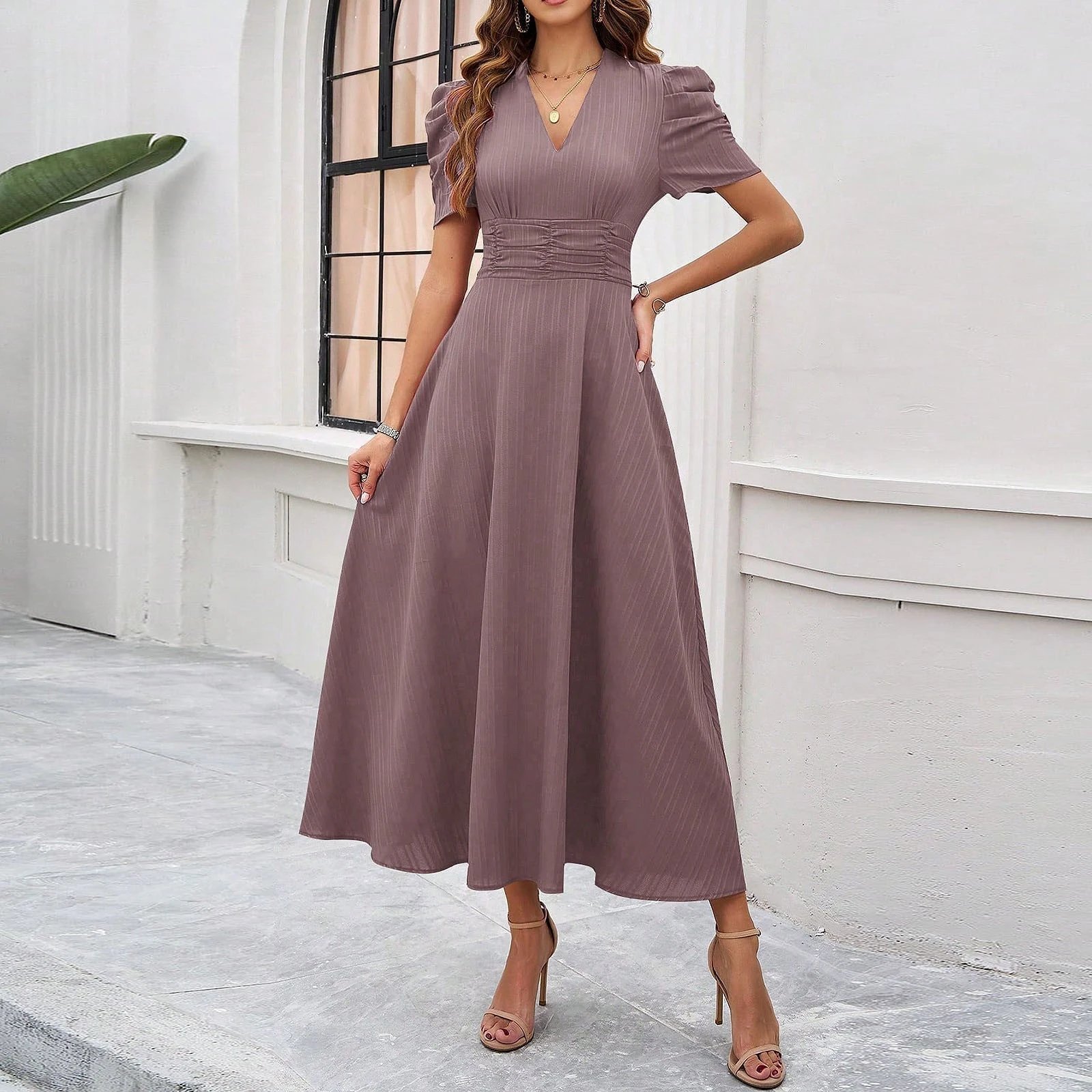 Design A-Line V-Neck Puff Sleeve Midi Dress in Light Blue - 47