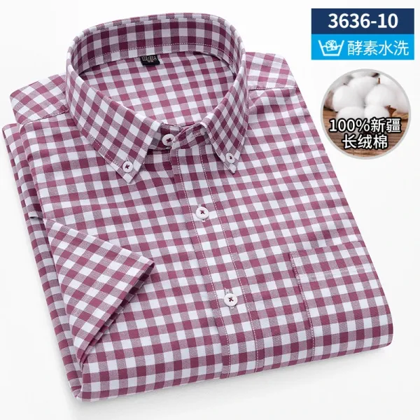 Design Gingham Check Short-Sleeve Button-Down Shirt Burgundy White - 1