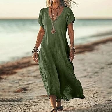 Design V-Neck Linen Maxi Dress Navy - 10