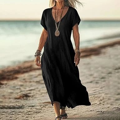 Design V-Neck Linen Maxi Dress Navy - 14