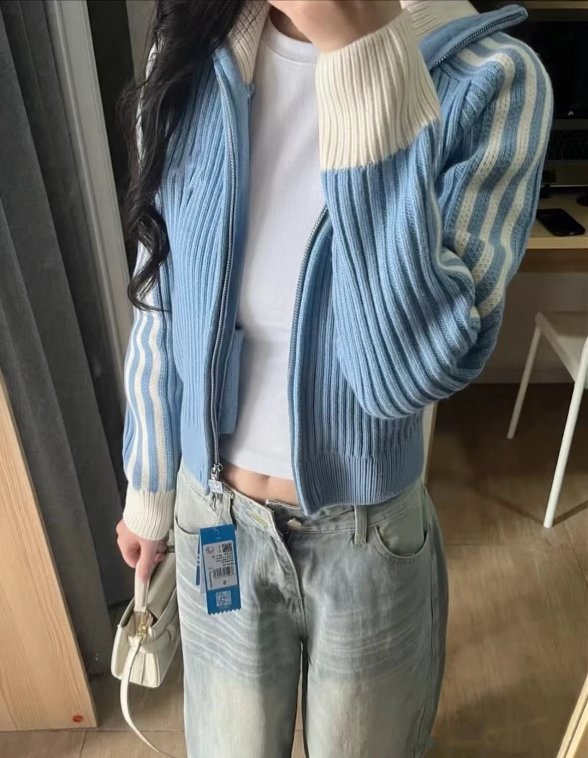 Adidas Originals Knit Track Jacket Light Blue and Beige - 3