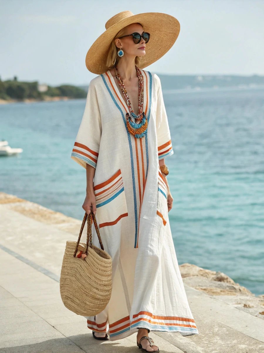 Design Striped Linen Maxi Dress White with Black Vertical Stripes - 13