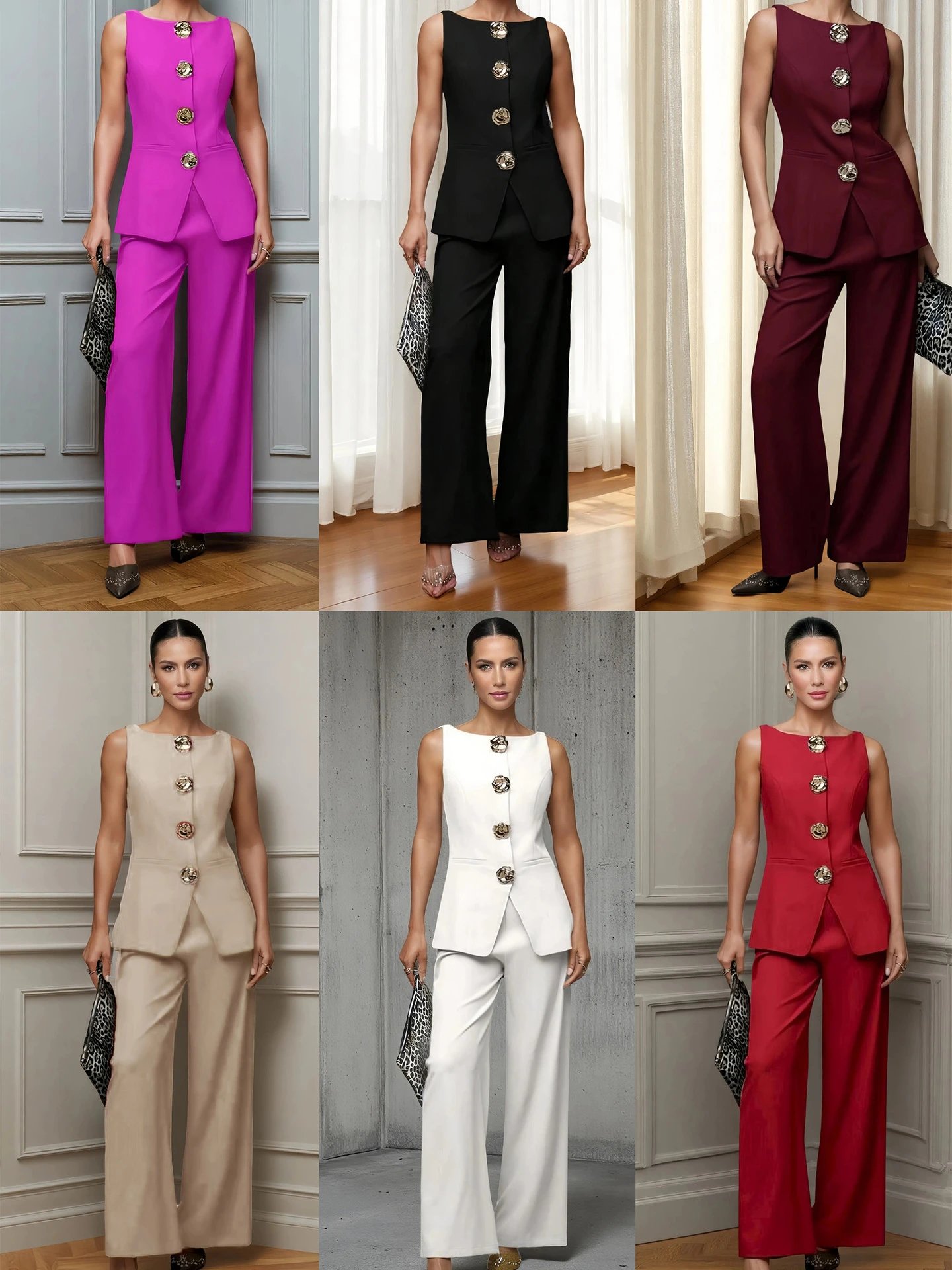 Design Burgundy Tailored Jumpsuit with Floral Buttons Women's Set - 5