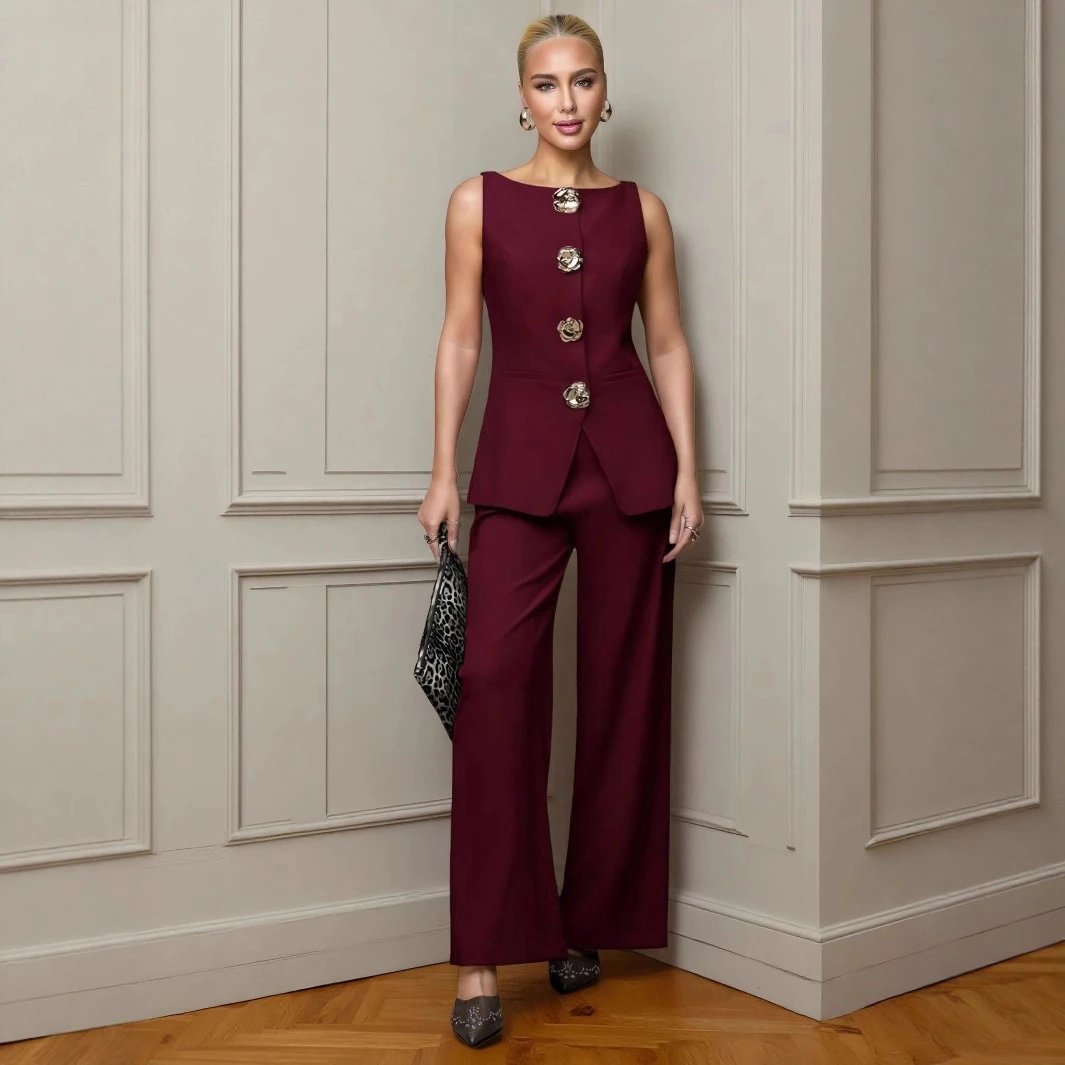 Design Burgundy Tailored Jumpsuit with Floral Buttons Women's Set - 25