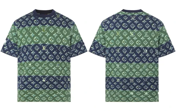 Louis Vuitton Monogram Stripe Knit T-Shirt Navy and Olive Green - 1