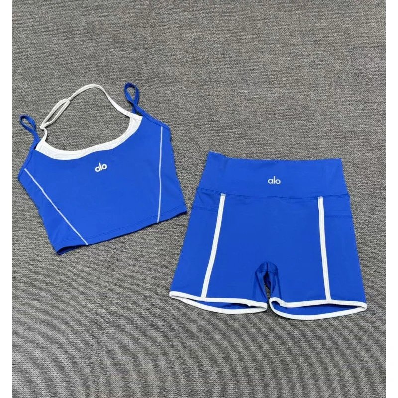 Alo Yoga High-Waisted Biker Shorts and Strappy Sports Bra Set Royal Blue Activewear - 1