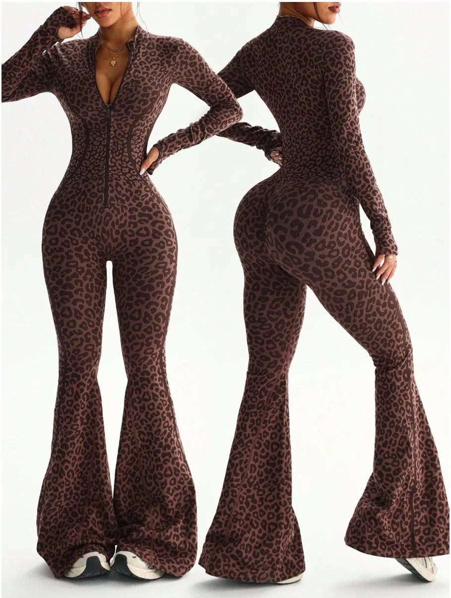 Design Leopard Print Zip-Front Jumpsuit Brown Sets - 5