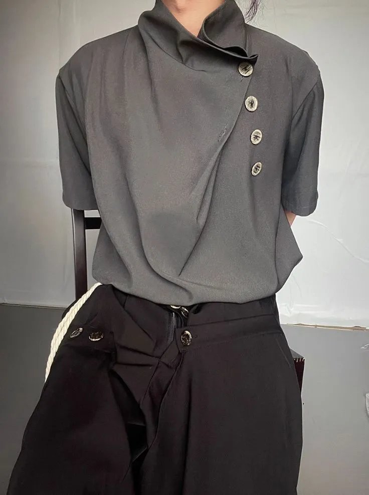 Design Asymmetrical Button-Up Top and Skirt Set Brown - 2