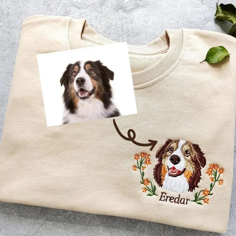 Design Custom Embroidered Dog Portrait Beige Sweatshirt Sweater - 2