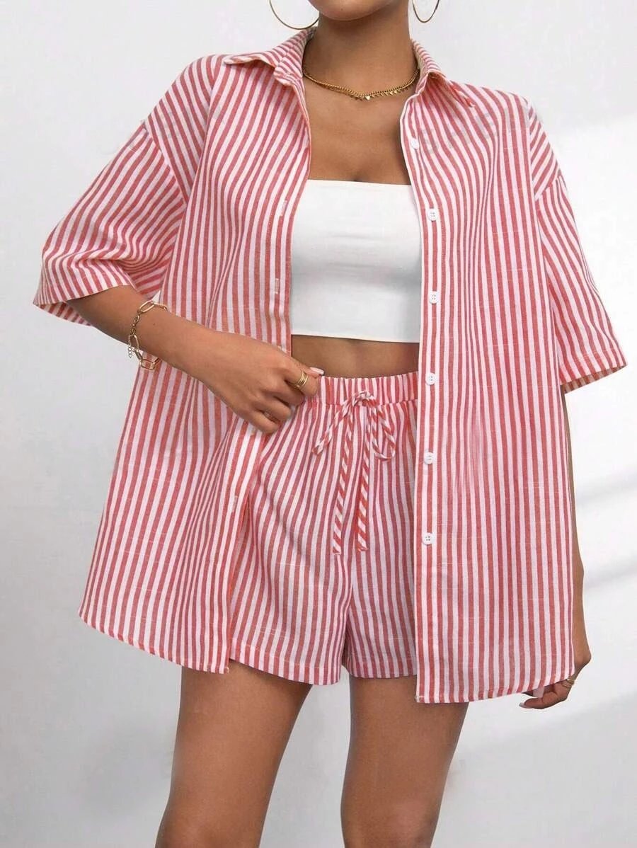 Design Pink and White Striped Oversized Shirt and Shorts Set - 7