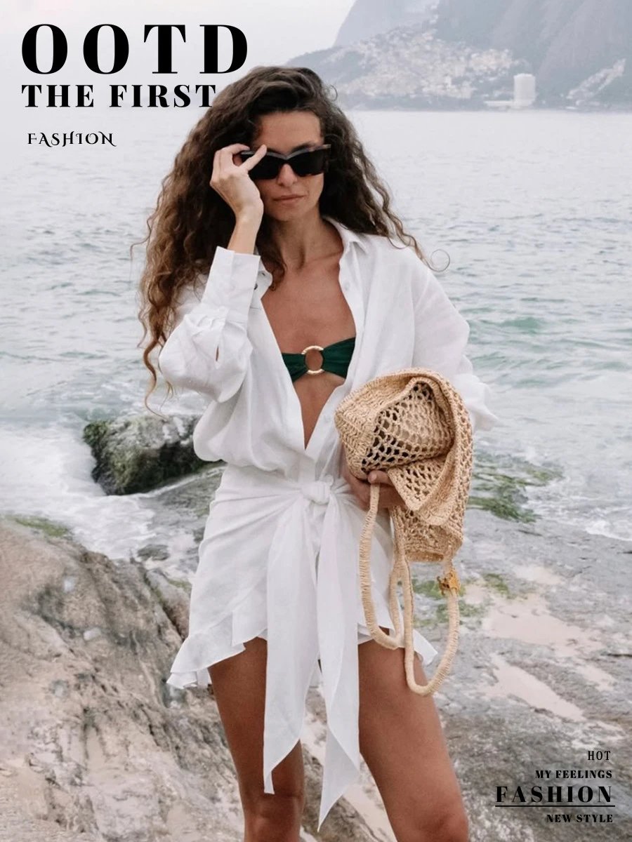 Design Off-White Style Linen Shirt and Ruffled Mini Skirt Set in Cream - 2