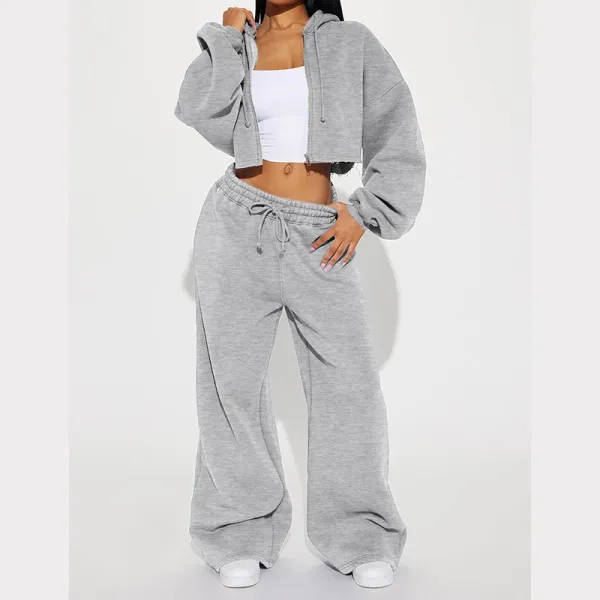 Design Cropped Hoodie and Wide-Leg Sweatpants Set Gray - 1
