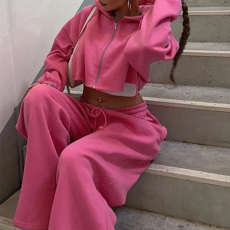 Design Cropped Hoodie and Wide-Leg Sweatpants Set in Light Gray - 3