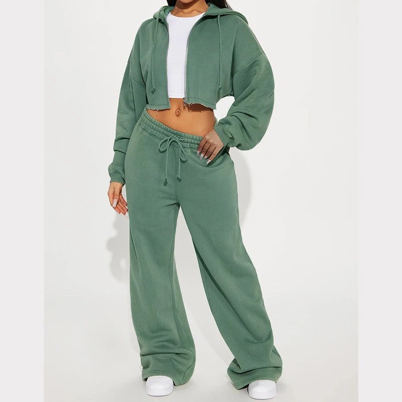 Design Cropped Hoodie and Wide-Leg Sweatpants Set in Light Gray - 28