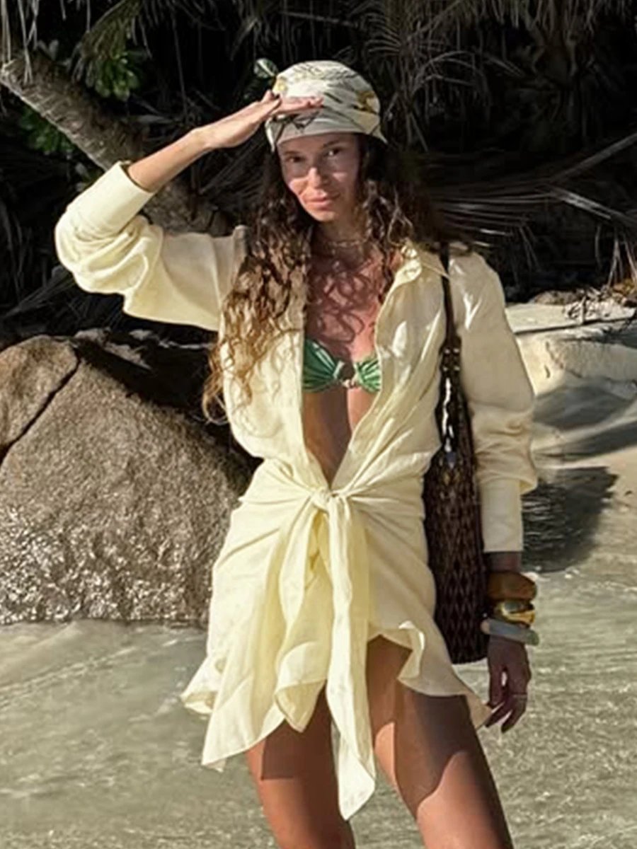 Design Off-White Style Linen Shirt and Ruffled Mini Skirt Set in Cream - 49