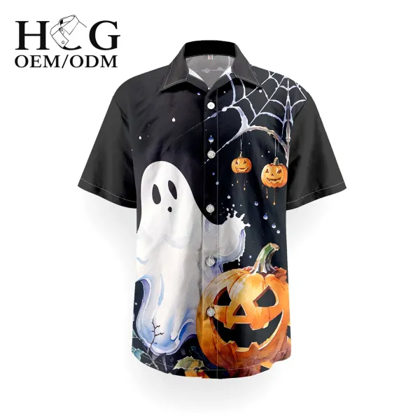Design H&G Halloween Ghost and Pumpkin Print Short-Sleeve Button-Up Shirt - 1