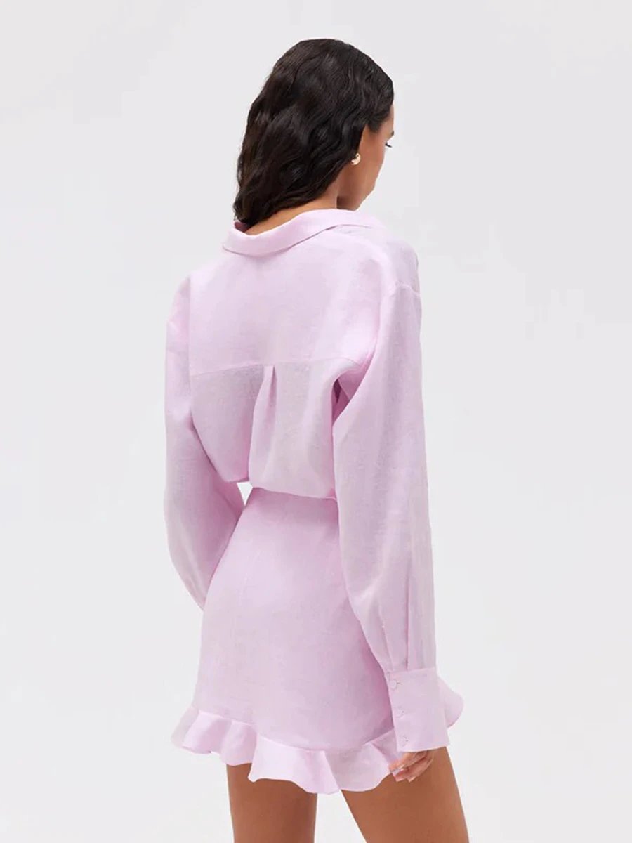 Design Off-White Style Linen Shirt and Ruffled Mini Skirt Set in Cream - 53
