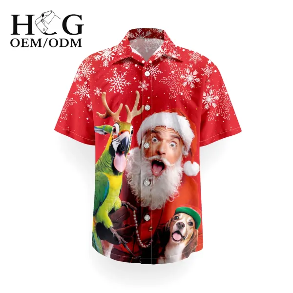 Design H&G Christmas Print Short-Sleeve Button-Up Shirt Red Shirt - 1