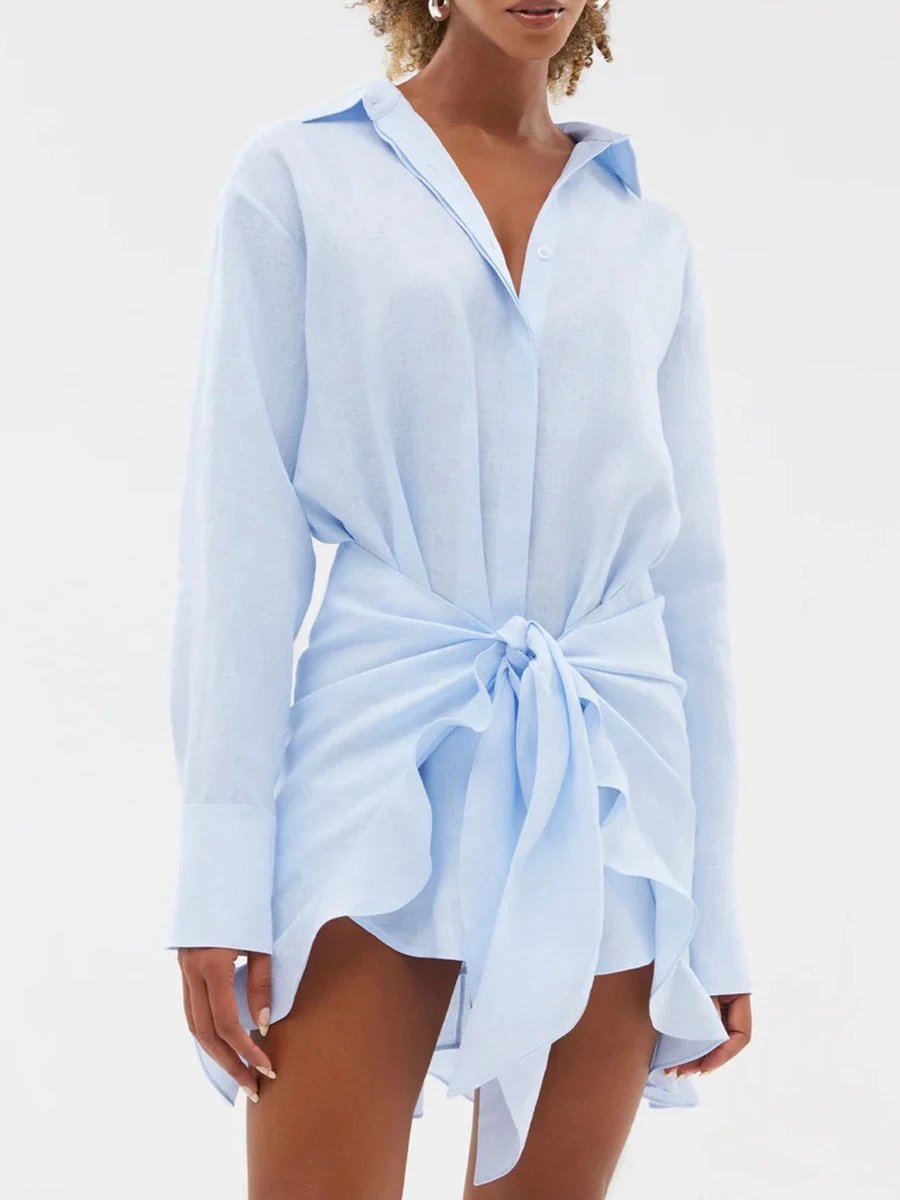 Design Off-White Style Linen Shirt and Ruffled Mini Skirt Set in Cream - 57