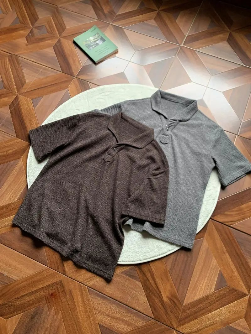 Design Textured Polo Shirt Brown Tops Polo - 13