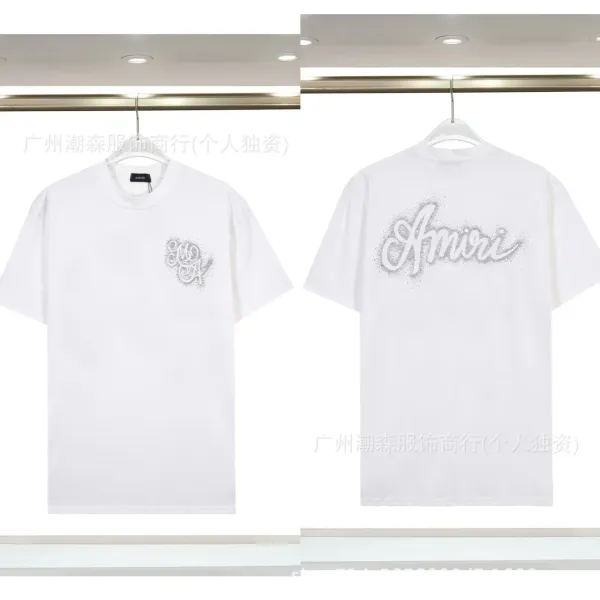 Amiri Script Logo Rhinestone Embellished White T-Shirt - 1